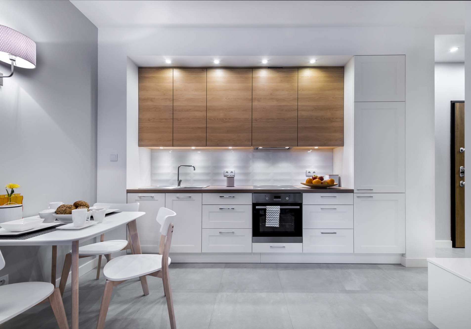 White and red brick in little trendy kitchen